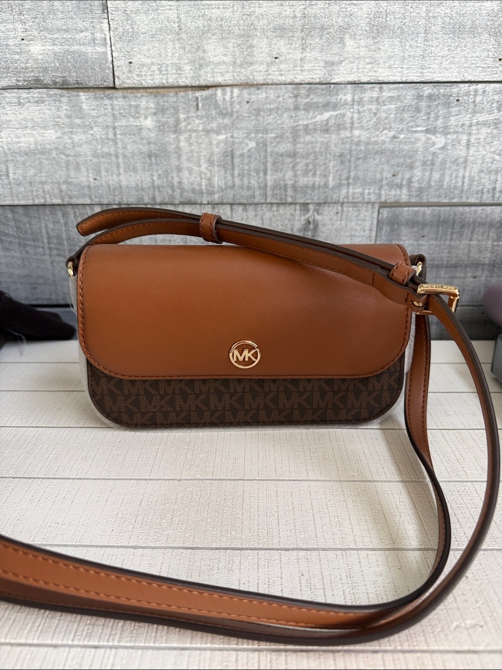 Michael Kors Tan and Brown MK Logo Crossbody Bag